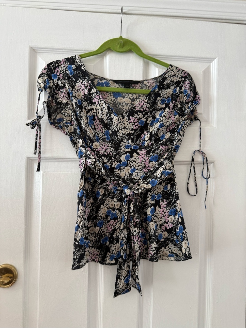 Express Black Floral Tie-Waist Short Sleeve Top with Blue & Pink Accents